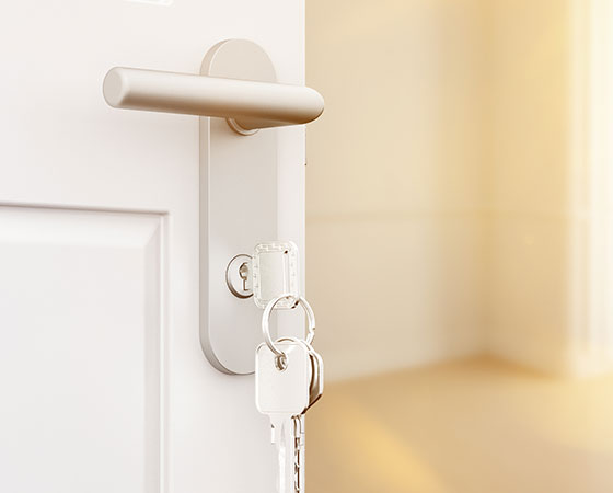 Aluminum door handle with lock cylinder, part of a door lock system (includes lock body)