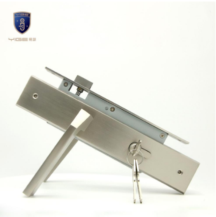 Stainless steel door handle set with rosettes, includes lock - related parts (cylinder, body compatible)